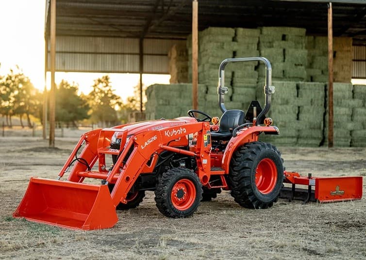 Kubota L3302 Tractor and Kubota LA526 Loader with a Land Pride GS1560 Grading Scraper