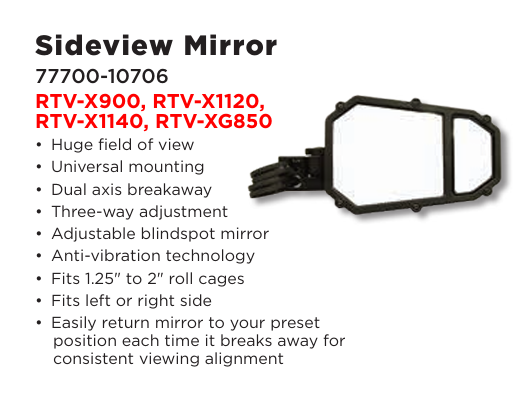 Kubota RTVX900,1120,1140,850 Side Mirror Kit 77700-10706